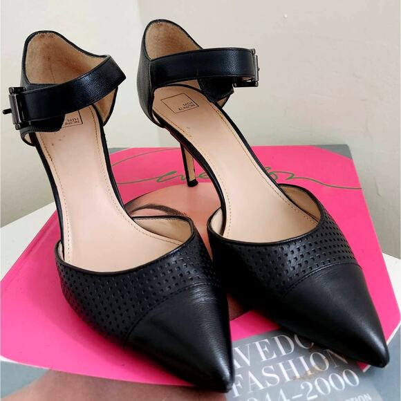 14th & Union Black Leather Perforated Pointed Toe High Heels 9 - Picture 1 of 11